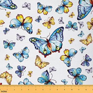 watercolor butterfly fabric by the yard, colorful butterflies upholstery fabric, wild nature boho animals decor fabric, retro farmhouse indoor outdoor fabric craft patchwork, blue yellow, 5 yards