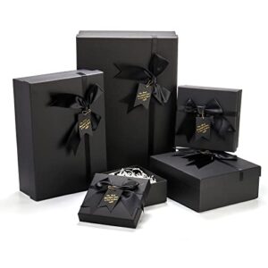 zenfun 5 pack black nested gift boxes with lid for presents, 5 sizes luxury packaging box with ribbon bows and label gift wrap for birthday, weddings, housewarmings, mother's day 13.7'' to 5.1''