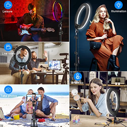 STALLY 10.2" Ring Light with Stand, 62" Tall Selfie Ring Light with Phone Holder and Wireless Remote, 12 Dimming Levels, 32 Color Modes Led Ring Light for Phone, Live Stream, Makeup, YouTube, TikTok