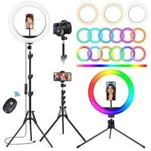 stally 10.2" ring light with stand, 62" tall selfie ring light with phone holder and wireless remote, 12 dimming levels, 32 color modes led ring light for phone, live stream, makeup, youtube, tiktok