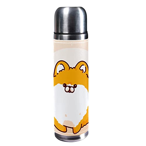 sdfsdfsd 17 oz Vacuum Insulated Stainless Steel Water Bottle Sports Coffee Travel Mug Flask Genuine Leather Wrapped BPA Free, Happy Pomeranian Dog Cartoon Illustration