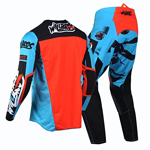 Willbros Motocross Jersey Pants Combo Offroad Dirt Bike Riding MX Gear Set Protective Suit Racewear Blue (Jersey M Pants 32)