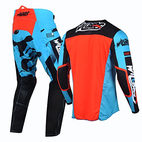 Willbros Motocross Jersey Pants Combo Offroad Dirt Bike Riding MX Gear Set Protective Suit Racewear Blue (Jersey M Pants 32)
