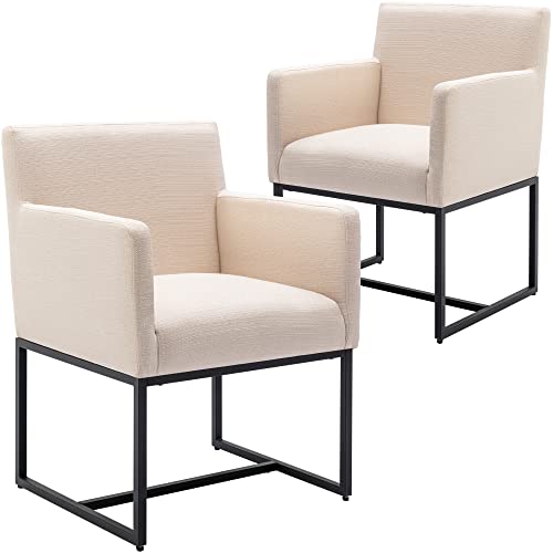 Wahson Set of 2 Linen Upholstered Modern Dining Chair with Arm, Contemporary Dining Room Chair with Black Metal Base, Cream Linen & Black Legs