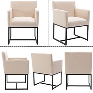 Wahson Set of 2 Linen Upholstered Modern Dining Chair with Arm, Contemporary Dining Room Chair with Black Metal Base, Cream Linen & Black Legs