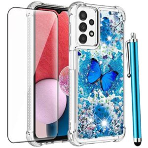 caiyunl for samsung galaxy a13 4g case [not fit a13 5g]with screen protector,girls women cute glitter liquid floating soft tpu shockproof protective phone case for samsung galaxy a13 4g-blue butterfly