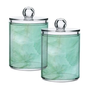 blueangle 2pcs green marble pattern qtip holder dispenser with lids - apothecary jar containers for vanity organizer storage - plastic food storage canisters（182）