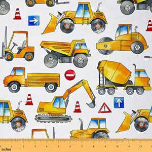 excavator fabric by the yard, cartoon truck upholstery fabric, construction vehicle decorative fabric, tractor cement mixer indoor outdoor fabric, kids diy waterproof fabric, yellow blue, 3 yards