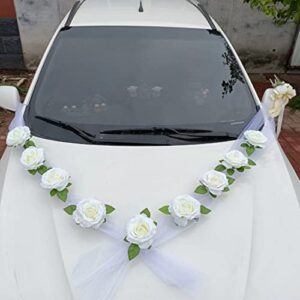 Wailicop Wedding Car Front Flower Decoration Artificial Flowers Bouquet Set Wedding Car Decoration Ribbon for Wedding Car Bridal Car, Christmas Decor