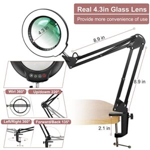 Veemagni 8X Magnifying Glass with Light, 5 Color Modes Stepless Dimmable, Adjustable Swing Arm LED Lighted Desk Lamp with Clamp, Hands Free Magnifier with Light and Stand for Craft Hobby Close Works