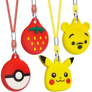 airtag holder for kids [ 4 pack ] cute cartoon air tag necklace keychain for kids & adults, soft silicone cover for airtags with key ring red strawberry