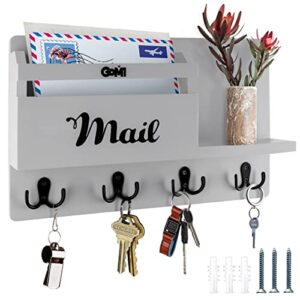 gom1 mail holder wall mount - mail organizer with hooks - made with pine wood - rustic wood key holder for home décor-light gray,-15.75''w x 9.5''h x 3''d