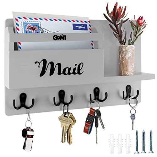 GoM1 Mail Holder Wall Mount - Mail Organizer with Hooks - Made with Pine Wood - Rustic Wood Key Holder for Home Décor-Light Gray,-15.75''W x 9.5''H x 3''D