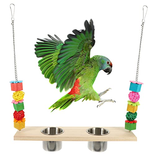 PATKAW Parakeet Toys 4 in 1 Bird Feeding Dish Cups Water Bowl with Parrot Perch Swing Toys Parrot Chew Toys for Parakeet Cockatiels Lovebirds Budgie Pigeons Cage Accessory Bird Toys