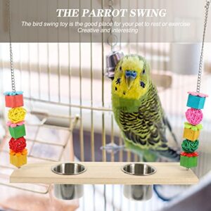 PATKAW Parakeet Toys 4 in 1 Bird Feeding Dish Cups Water Bowl with Parrot Perch Swing Toys Parrot Chew Toys for Parakeet Cockatiels Lovebirds Budgie Pigeons Cage Accessory Bird Toys