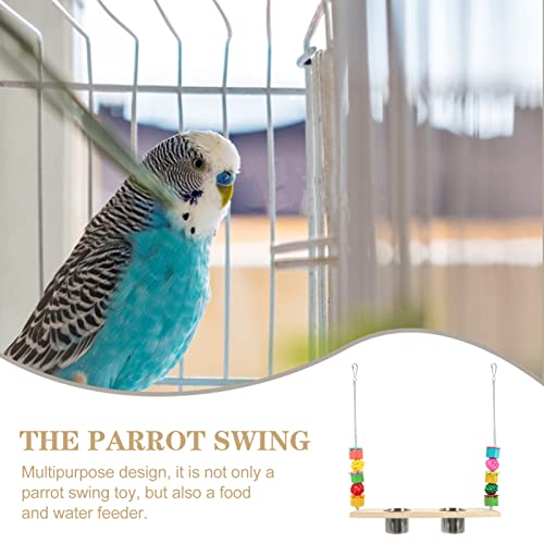 PATKAW Parakeet Toys 4 in 1 Bird Feeding Dish Cups Water Bowl with Parrot Perch Swing Toys Parrot Chew Toys for Parakeet Cockatiels Lovebirds Budgie Pigeons Cage Accessory Bird Toys