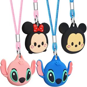 airtag silicone holder 22 airtag holder for kids [ 4 pack ] cute cartoon air tag necklace keychain for kids & adults, soft silicone cover for airtags with key ring - black, blue
