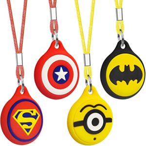 airtag holder for kids [ 4 pack ] cute cartoon air tag necklace keychain for kids & adults, soft silicone cover for airtags with key ring red & yellow
