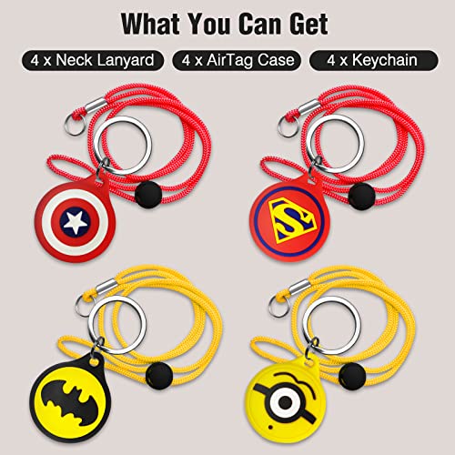 AirTag Holder for Kids [ 4 Pack ] Cute Cartoon Air tag Necklace Keychain for Kids & Adults, Soft Silicone Cover for AirTags with Key Ring Red & Yellow