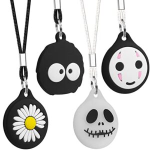 airtag holder for kids [ 4 pack ] cute cartoon air tag necklace keychain for kids & adults, soft silicone cover for airtags with key ring - black