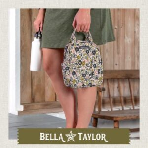 Bella Taylor Country Floral Feedsack Collection, Quilted Cotton Food Safe PEVA Lined Lunch Tote for Women and Girls, Delicate Floral Charcoal