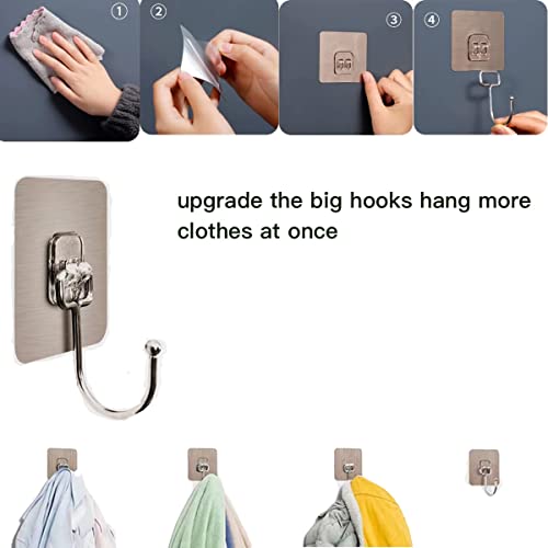 Large Adhesive Hooks 22LB（MAX）,Waterproof and Rustproof Wall Hooks for Hanging Heavy Duty,Stainless Steel Towel Door and Coat Hooks for Kitchen, Bathroom, (10, 2.76*2.76 inch)