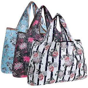allydrew large foldable tote nylon reusable grocery bags, 3 pack, vintage flowers