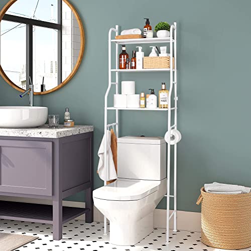 Over The Toilet Storage Rack,3-Tier Industrial Bathroom Storage Shelf With Steel Frame Above Toilet Storage Shelf Floor Free Standing Anti-Tilt Metal Frame Shelf Organizer Bathroom Furniture,White