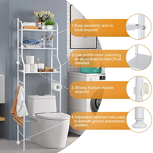 Over The Toilet Storage Rack,3-Tier Industrial Bathroom Storage Shelf With Steel Frame Above Toilet Storage Shelf Floor Free Standing Anti-Tilt Metal Frame Shelf Organizer Bathroom Furniture,White