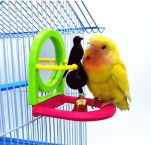 bird mirror for cage, bird mirror toy with paddle wheels and perch, bird hanging training toys for cage, parrot foraging toys, bird interactive intelligence toy random color (bird clock)