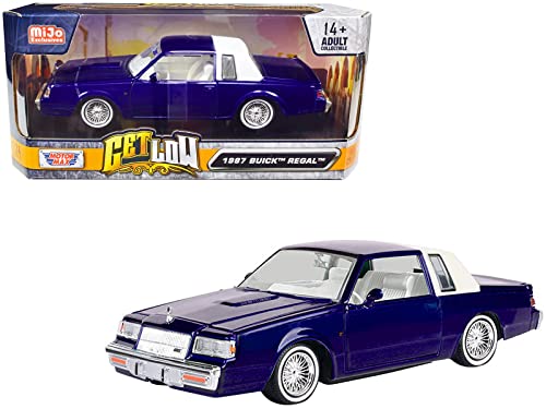 1987 Regal Candy Blue Metallic with Rear Section of Roof White and White Interior Get Low Series 1/24 Diecast Model Car by Motormax 79023 for unisex-adult