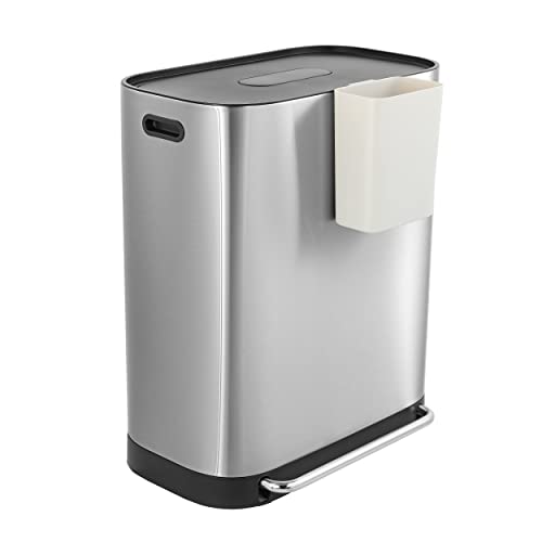 happimess HPM1014A Beni Kitchen 16-Gallon Double-Bucket Step-Open Trash Can with Soft-Close Lid, Modern, Minimalistic, Fingerprint Proof for Home, Kitchen, Laundry Room, Office, Bathroom, Chrome