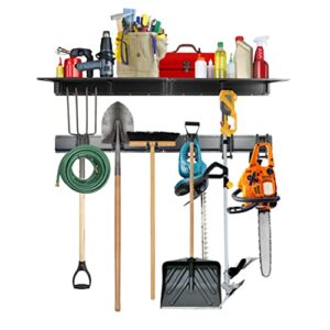 raxgo garage tool storage rack with wall shelf, 12 piece garage organizer, metal, wall mounted, hanger for power tools, mop, garden rakes, shovels & more