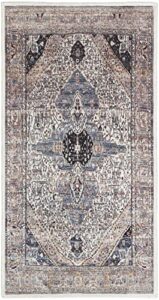 nourison brilliance machine washable traditional vintage ivory blue 2' x 4' area-rug-easy-clean, non shedding, bed room, living room, dining room, kitchen (2x4)