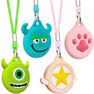airtag holder for kids [ 4 pack ] cute cartoon air tag necklace keychain for kids & adults, soft silicone cover for airtags with key ring - pink