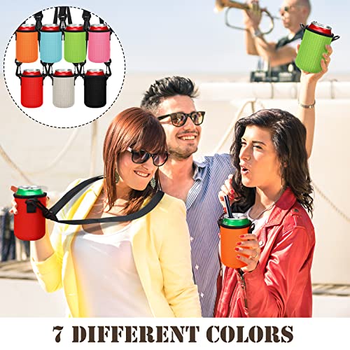 Dingion 7 Pieces 12oz Standard Can Sleeves with Shoulder Strap Covers Slim Insulated Beer Holder Non Slip Neoprene Colored Thermocoolers Insulators for Drink Beverage Cup, Colors