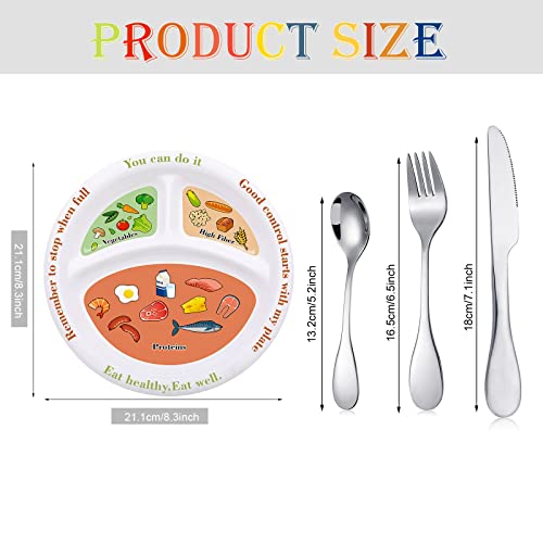 4 Pieces Bariatric Portion Control Plate Stainless Steel Silverware Flatware Set Tableware Cutlery Set Melamine Bariatric Plate Diet Plate for Balanced Eating Weight Loss Serving Decorations