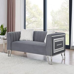 melpomene velvet living room loveseat sofa with mirrored side trim,faux diamonds and 2 villose pillows,grey