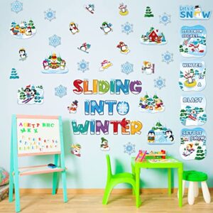 72 Pcs Winter Mix Cut Outs Winter Wonderland Cutouts Penguin Snowflake Snowman Paper Cutouts with Glue Point Dots Winter Bulletin Board Set for Classroom Decor School Christmas Winter Party Supplies