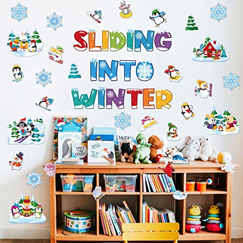 72 Pcs Winter Mix Cut Outs Winter Wonderland Cutouts Penguin Snowflake Snowman Paper Cutouts with Glue Point Dots Winter Bulletin Board Set for Classroom Decor School Christmas Winter Party Supplies