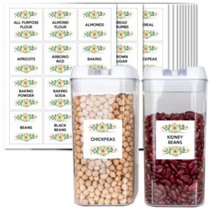 144 pantry labels for food storage containers, waterproof printed on white glossy labels, household stickers + numbers, floral kitchen, water resistant, organization for jars and canister