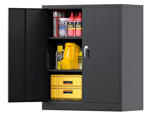 Aobabo Metal Storage Cabinets with Lockable Doors, Steel Locking Storage Cabinet with 2 Adjustable Shelves, Black Metal Cabinet Great for Garage, Home, Office, Warehouse