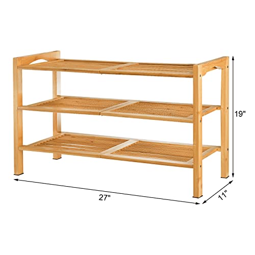 Hiceeden 3 Tier Bamboo Shoe Rack, Stackable Shoe Shelf Storage Organizer Easy to Assemble Shoe Stand for Closet, Entryway, Hallway, Bedroom or Living Room