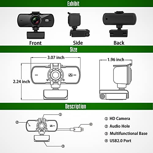 2K HD Webcam, Full HD Webcam with Microphone, 360° Adjustable & AF, with Privacy Cover, Plug and Play, USB Computer Camera for Conferencing, Video Calling, Game Live