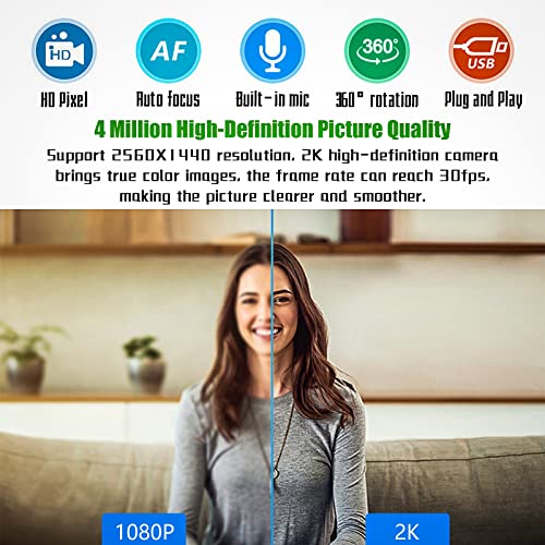 2K HD Webcam, Full HD Webcam with Microphone, 360° Adjustable & AF, with Privacy Cover, Plug and Play, USB Computer Camera for Conferencing, Video Calling, Game Live