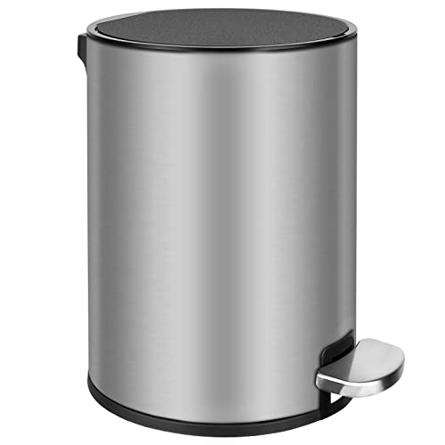 CURIFYPN 8 Liter/2.1 Gallon Small Trash Can with Lid Soft Close,Step Trash Can,Round Foot Pedal Garbage Can with Removable Inner Wastebasket for Bathroom,Kitchen,Bedroom,Office,Brushed Stainless Steel