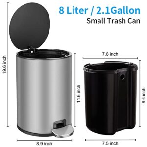 CURIFYPN 8 Liter/2.1 Gallon Small Trash Can with Lid Soft Close,Step Trash Can,Round Foot Pedal Garbage Can with Removable Inner Wastebasket for Bathroom,Kitchen,Bedroom,Office,Brushed Stainless Steel