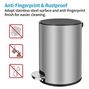 CURIFYPN 8 Liter/2.1 Gallon Small Trash Can with Lid Soft Close,Step Trash Can,Round Foot Pedal Garbage Can with Removable Inner Wastebasket for Bathroom,Kitchen,Bedroom,Office,Brushed Stainless Steel