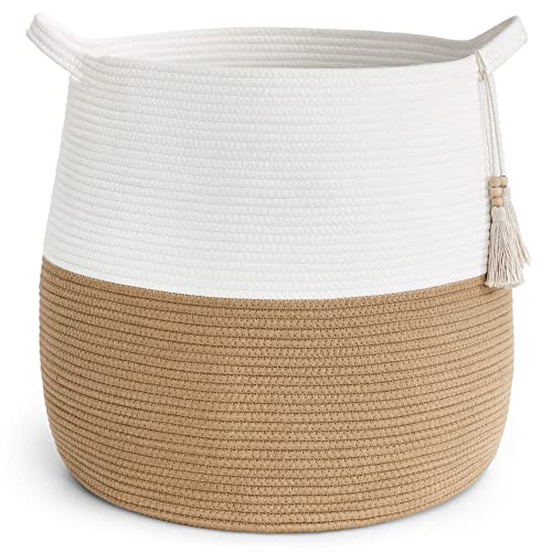 Goodpick Woven Rope Storage Basket for Organizing, Boho Decorative Laundry Basket for Living Room, Round Basket for Towels, Toys, Blankets, Baby Gift Basket, 17.71 x 14.9 inches