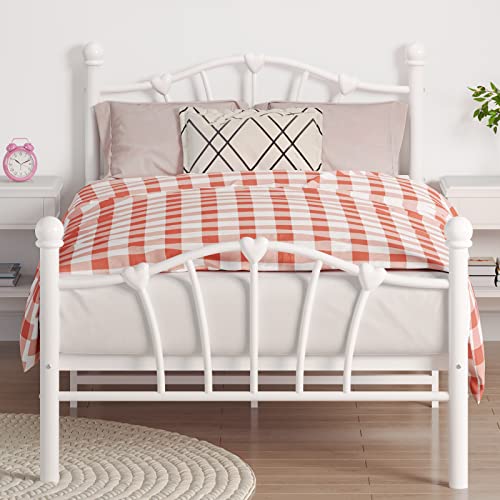 Amyove White Twin XL Metal Bed Frame with Headboard and Footboard for Bedroom Guestroom Dorm Apartment Sturdy Platform Bed Reinforced Bed Slats and 11.5 Inches Underbed Storage Space, Heart-Shaped